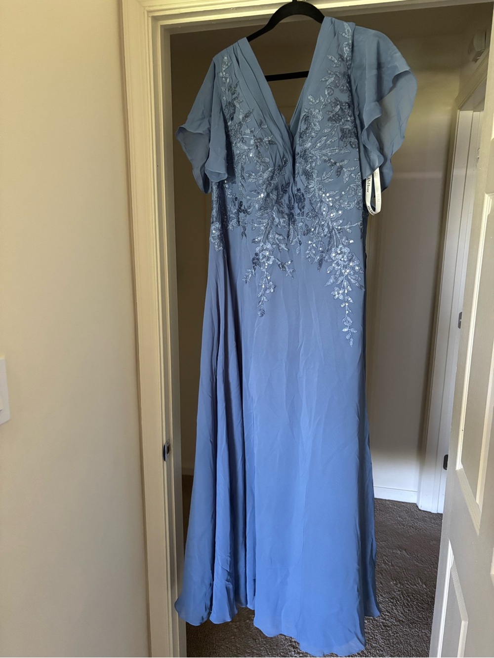 JJs House Dusty Blue Embroidered V-Neck Maxi Dress